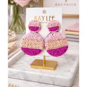 Kay Lee Pink Striped Beaded Round Earrings New